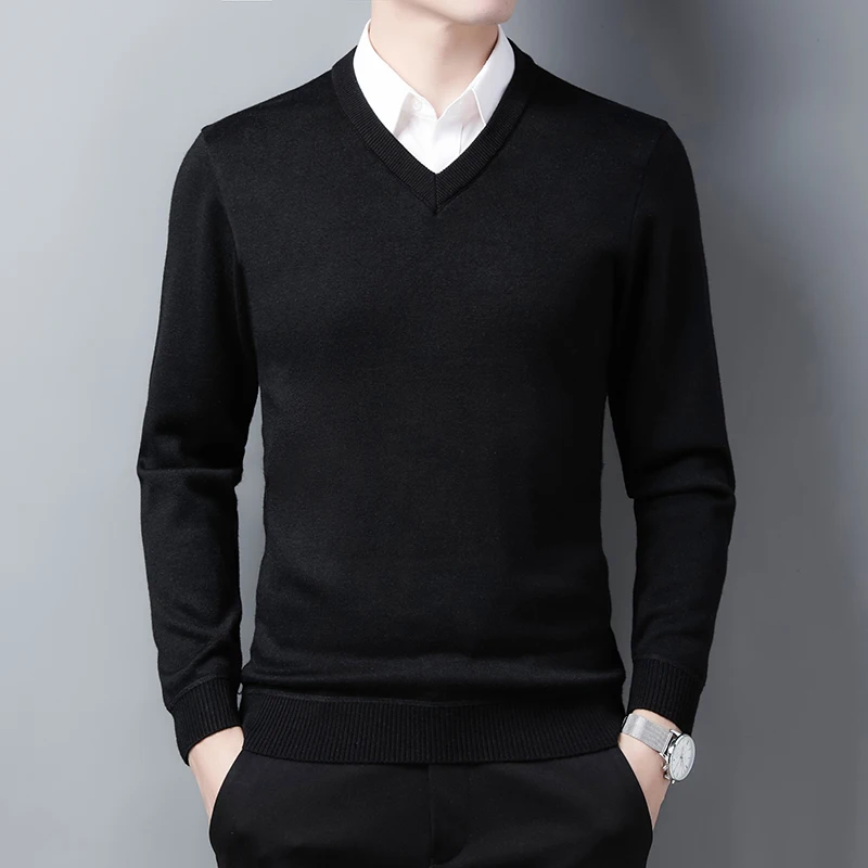 

Мужской утепленный шерстяной вязаный свитер с V-образным вырезом, однотонный, с воротником-стойкой, зимний, теплый, базовый, свободного кроя, с длинными рукавами