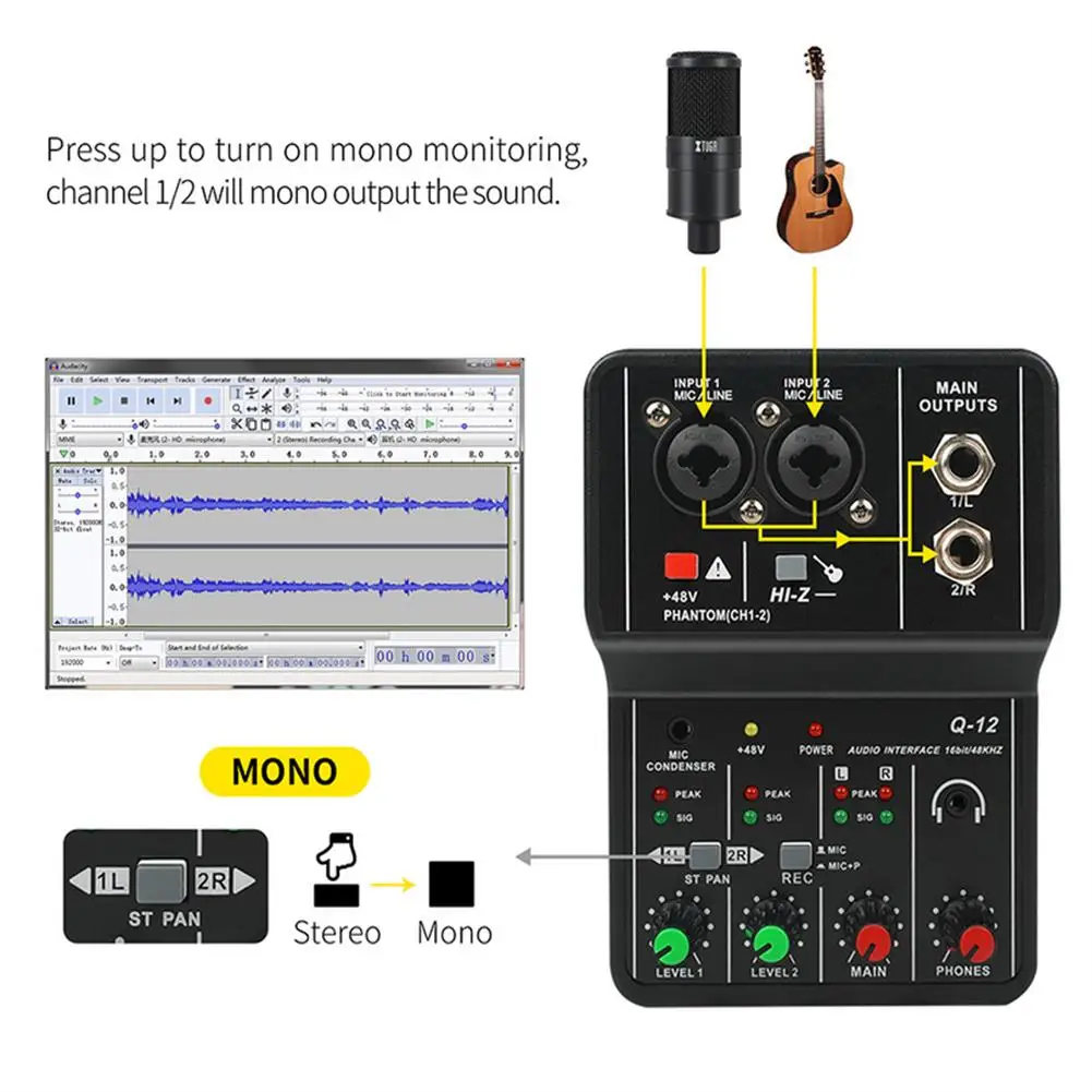 Q12 Universal Professional Audio Interface Sound Card For Computer Recording Electric Guitar Studio Singing Audio Equipment