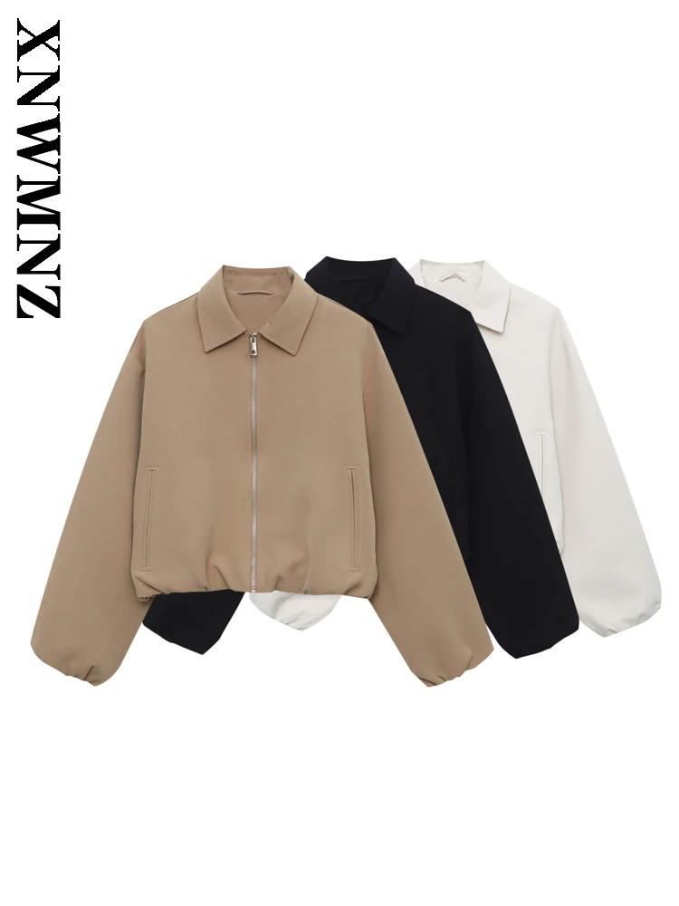 

XNWMNZ 2025 Autumn New Woman's Commuting Simple Long Sleeve Turn-down Collar Jacket Chic Fashion Lady Casual Coat zipper