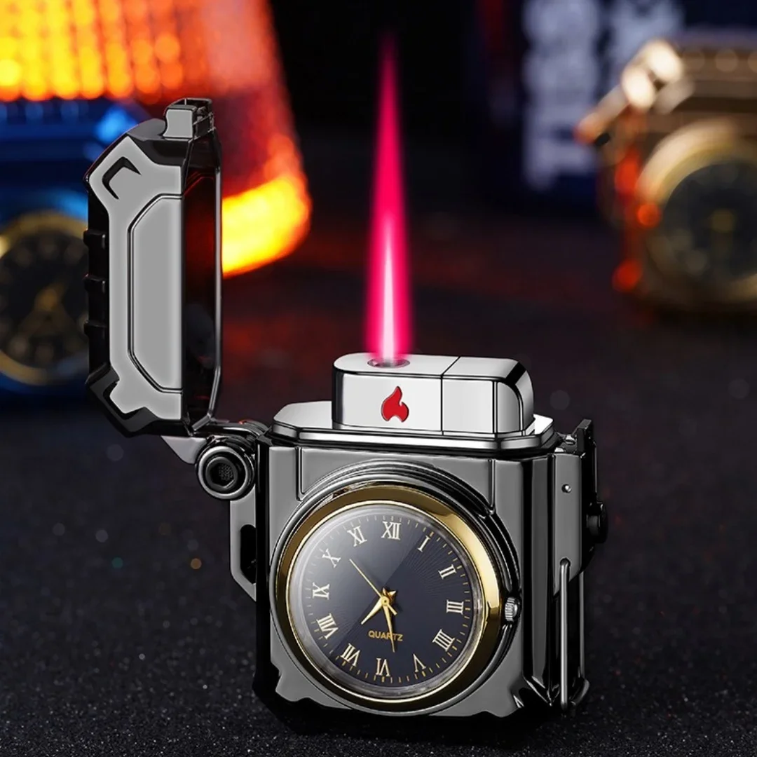 Flip Lighter Quartz Watch Butane Windproof Adjustable Flame Refillable Gas Removable Tank Watch Function Men Gift Outdoor Use