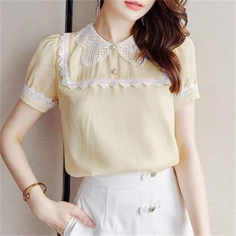 Woman Spring Summer Style Blouses Shirts Lady Casual Short Puff Sleeve Turn-down Collar Blusas Tops G2636