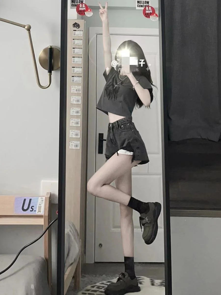 Pantalones cortos para mujer y niña, grupo elegante, línea A, cintura alta, cremallera, cadena de retales, remache de Metal, bloque de Color, cordones, tendencia urbana, escenario