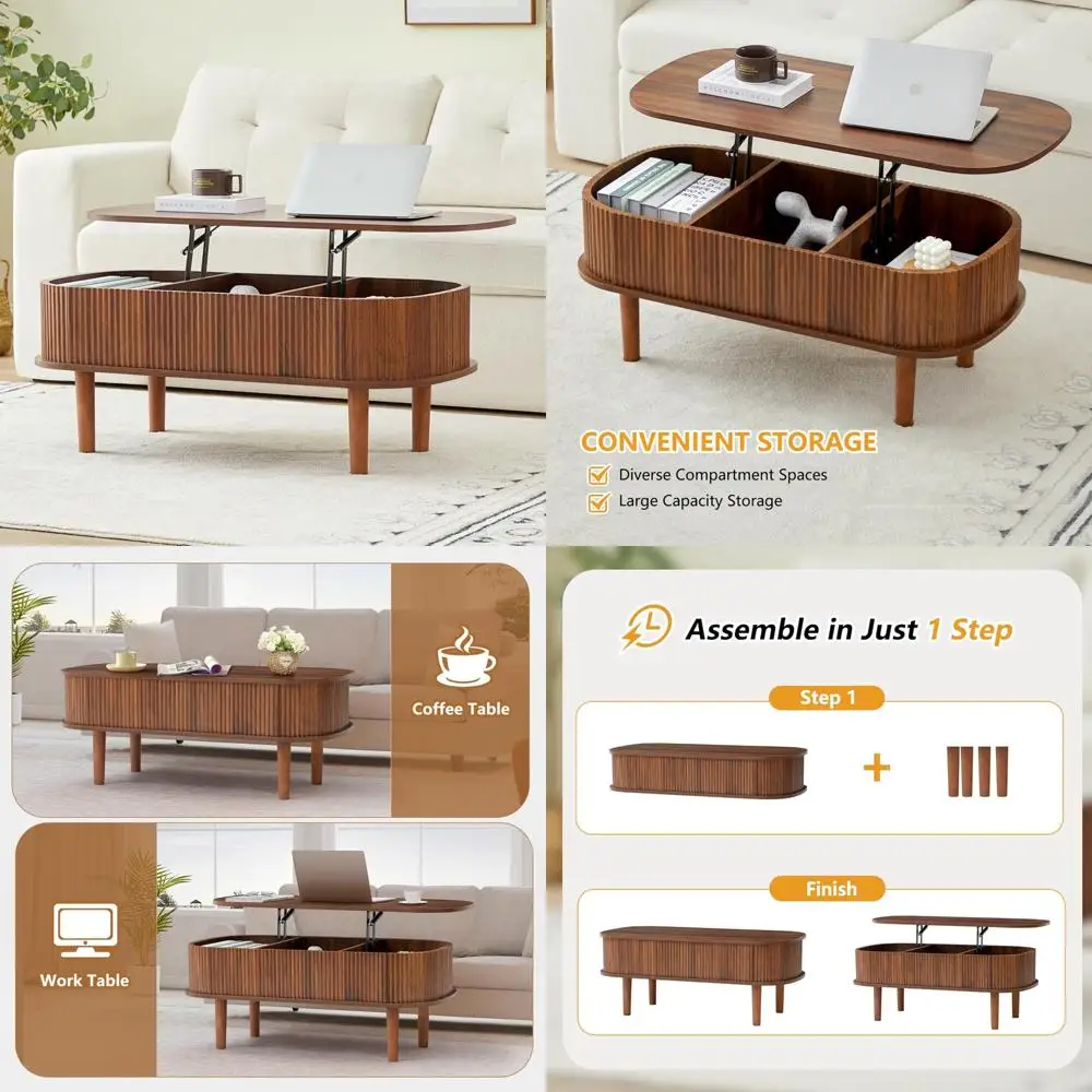 

Modern Oval Lift Top Coffee Table with Hidden Storage, Fully Assembled Wooden Center Table for Living Room, Elegant Home Furnitu