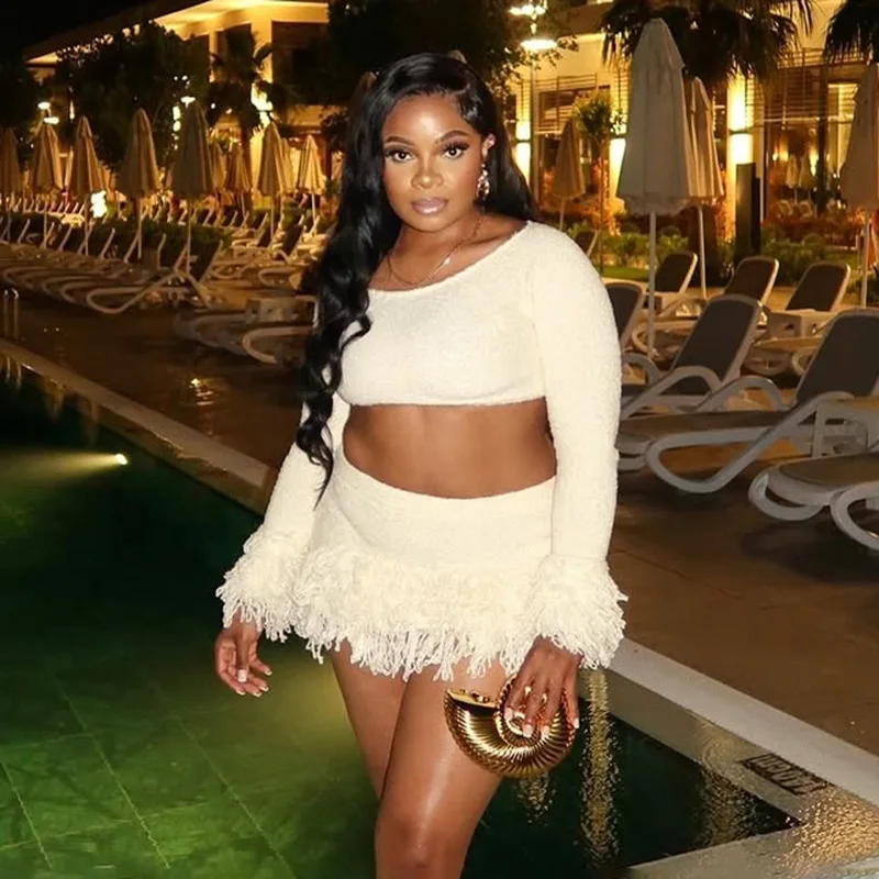 

Tassel Patchwork Solid Knitted 2 Piece Set 2025 Fall Women Sexy Off Shoulder Long Sleeve Crop Tops + Bodycon Mini Skirts Suits