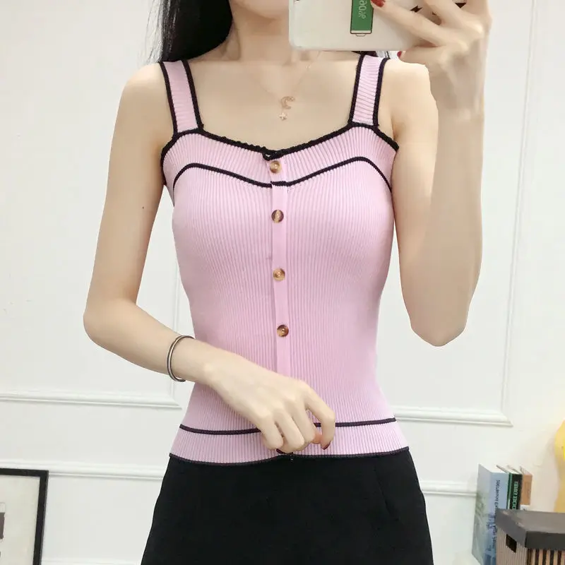 New Knit Tank Top Button Crop Tops Sexy Women Summer Camis Backless Camisole Fashion Casual Tube Female Sleeveless Cropped Vest