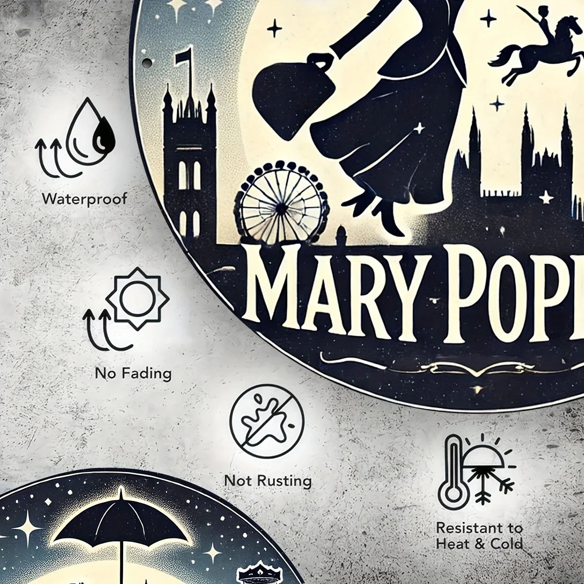 لوحة فنية جدارية مستديرة من الألومنيوم من Vintage Mary Poppins - ديكور متين وسهل التعليق للمنزل والحديقة والمقهى والمزيد #3