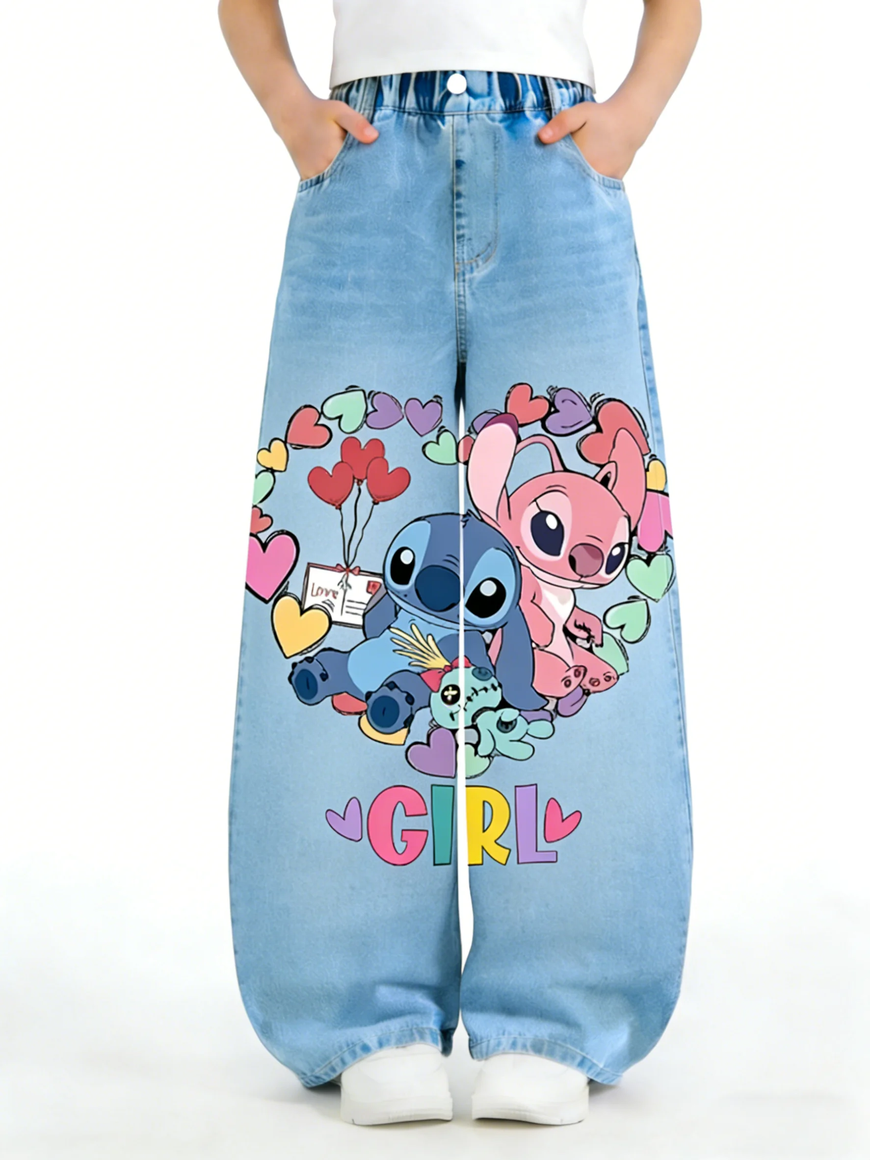 

Stitch Disney Girls' Cowboy Jeans Versatile Cartoon Straight-Leg Pants for Autumn and Winter Children.