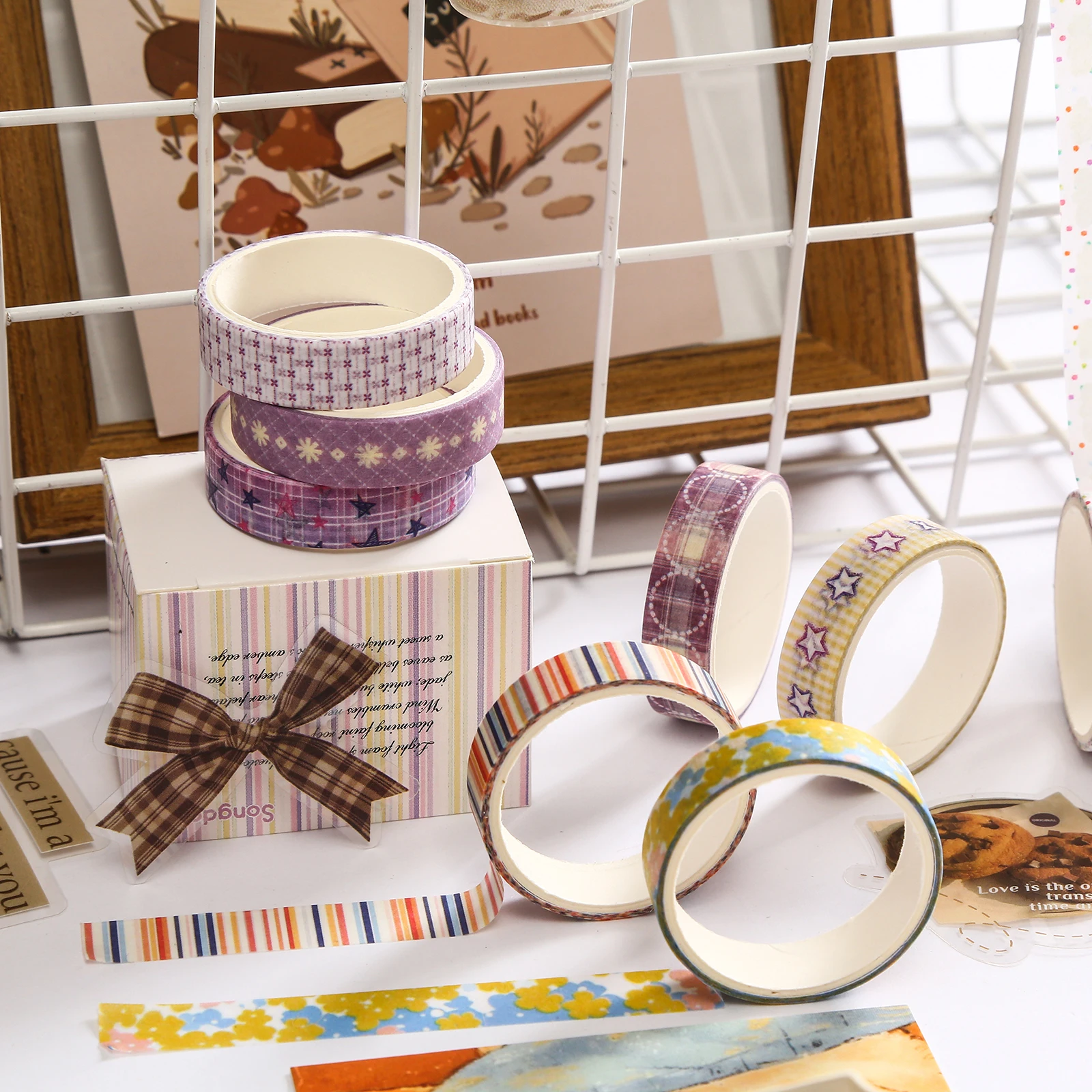 5 Roll/Box Flower Washi Tape Grid Series Masking Tape Decortative Stickers Album Diary Decoration Phone Case Cup Diary Decoratio