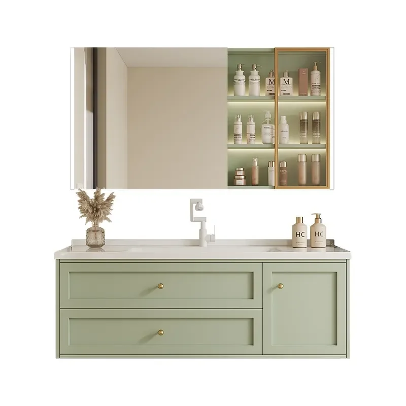 French Cream Green Oak Bathroom Vanity with Ceramic Integrated Sink Modern Washbasin Cabinet Combo for Home Bath