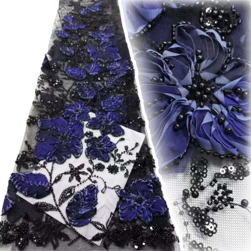 

Новейшая африканская 3D цветочная кружевная ткань с вышивкой, французская сетчатая кружевная ткань с блестками и бусинами для нигерийского праздничного платья, 5 ярдов AH1333