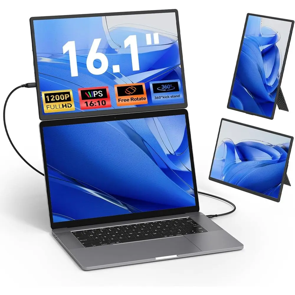 16.1 HD 1200P Portable Laptop Monitor Extender with 360 Rotation, Detachable Stand, Height Adjustable for Windows/Linux/Mac/Tab