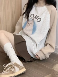 Deeptown Kawaii Cat Print Sweatshirts Women Harajuku Vintage Oversized Hoodies Cartoon Casual Long Sleeve Sweet Crewneck Tops