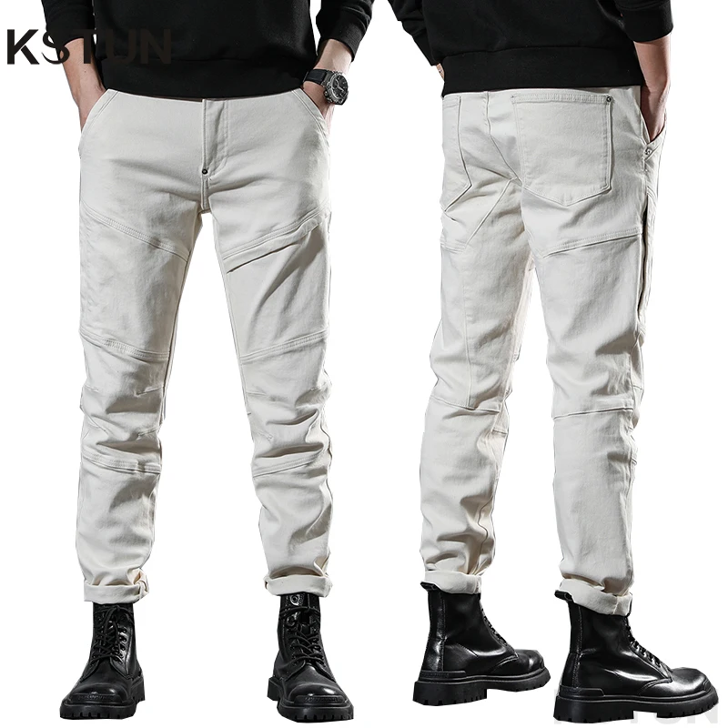 KSTUN White Jeans Men Slim Fitness Stretch Knight Denim Jeans Patchwork Streetwear Original Desinger Hide Zipper Pocket Cowboy