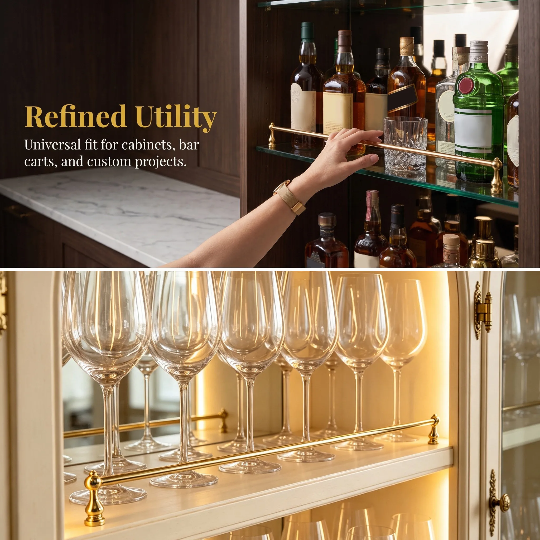 Sleek Gold Shelf Railing Aluminum Alloy Rod Cabinet Anti-Fall Barrier Glass Railing Standoff Modern Kitchen Display Rail