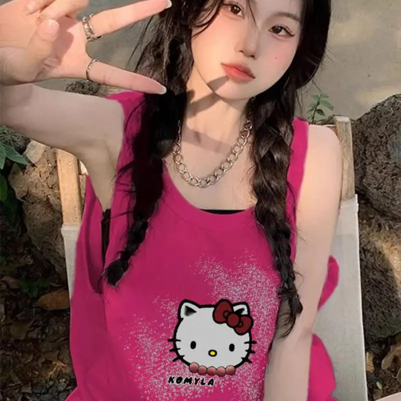 

Sanrio Summer Short Sleeve Hello Kittys Sleeveless Vest Fashion Girl Cartoon Comfort Loose Breathable Casual Home High End Gifts
