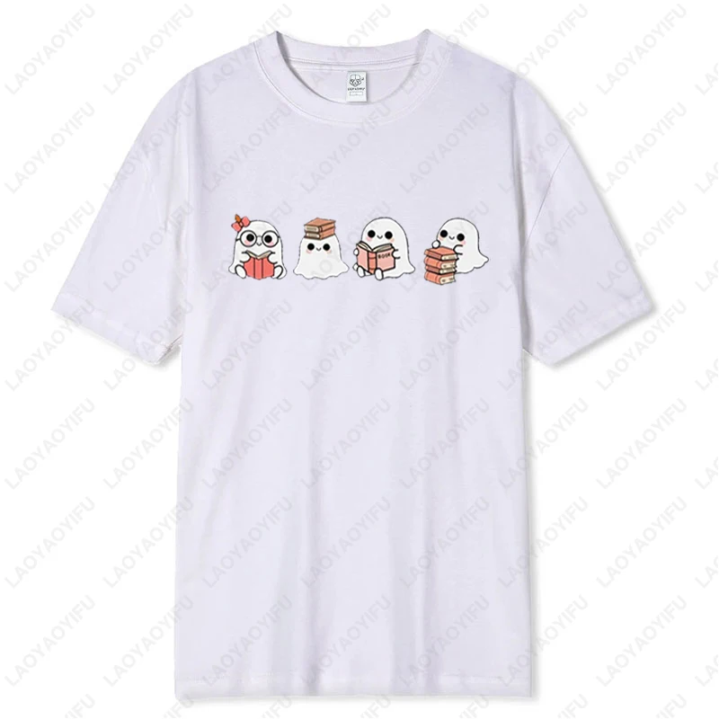 Ghost Reading Bookish Halloween Tshirt Reading Bookworm Men Women Regular Short Sleeve Kawaii Lovely Summer Unisex Cotton Tees