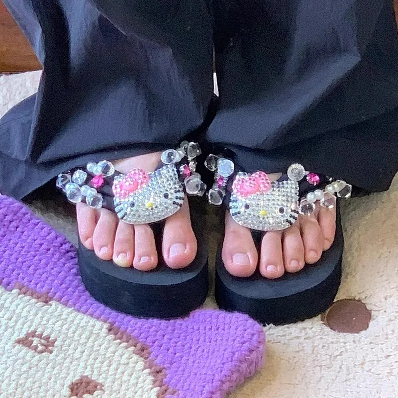 

Hello Kitty Kawaii Soft Flip Flop Sandals Y2k Beach Slides Shoes Women Casual Wedge High Heels Platform For Slippers Ladies Gift