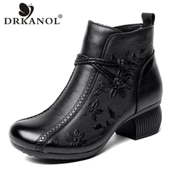 DRKANOL National Style Women Boots Autumn Winter Warm Plush Thick Heel Genuine Leather Ankle Boots For Women Retro Mother Shoes