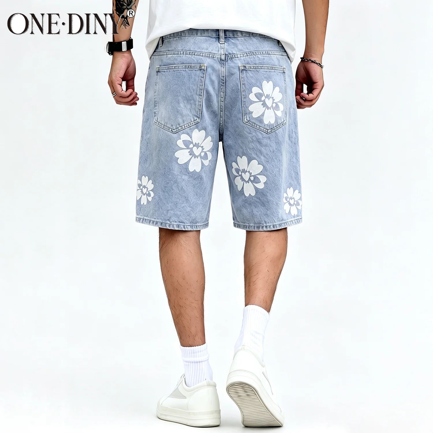 ONE·DINY Men Summer Light Blue Straight Leg Jeans Shorts Loose Petal Print Bermuda Shorts Men's Casual Short Streetwear Clothes
