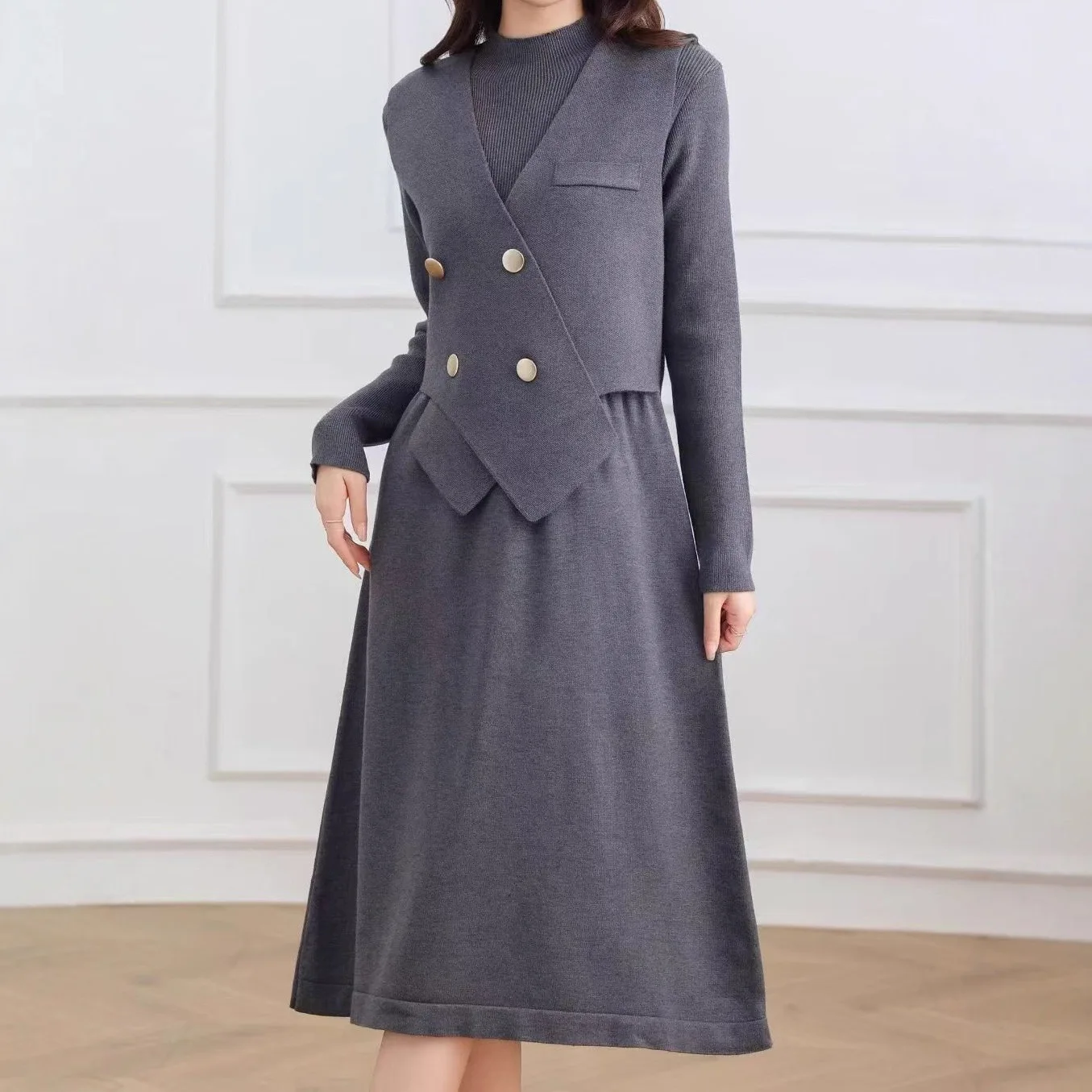 

Two Pieces Knitted Dress Sets Women Solid Matching Sets V Neck Double Breasted Vest Mid Calf Skirt Elegant 2025 Autumn Winter