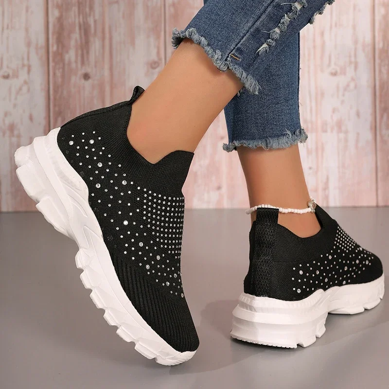 Shiny Crystal Knitted Breathable Sneakers Women 2023 Autumn Platform Running Sport Shoes Woman Plus Size 43 Slip On Casual Shoes