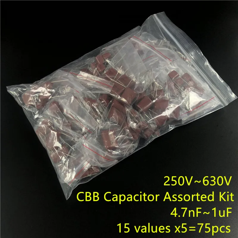 CBB Capacitor Assorted Kit,Sample bag,15ValuesX5PCS=75PCS,250V 400V  630V, 472 to 105 ,No Polarity AC Capacitor