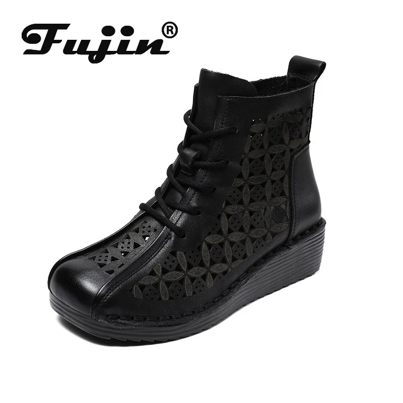 

Fujin 4.5cm Genuine Leather Sandals Ankle Booties Motorcycle Natural Boots Women Hollow Chimney Moccasins Fashion Summer Shoes