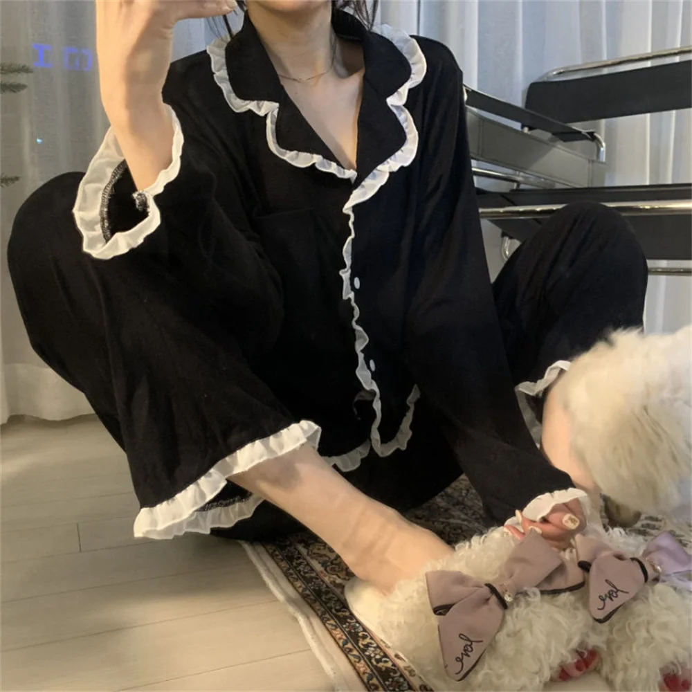 Women's Autumn Pajamas Homewear Set Black Pyjamas With Lace Ladies Long-Sleeved Pajamas Cardigan Homewear