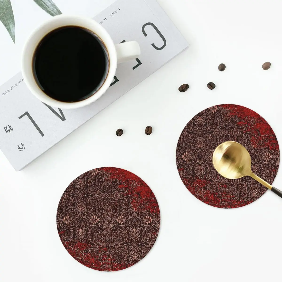 Red Vintage Oriental Traditional Moroccan Artwork Coasters PVC Leather Placemats Coffee Mats for Home Dining Pads Set of 6