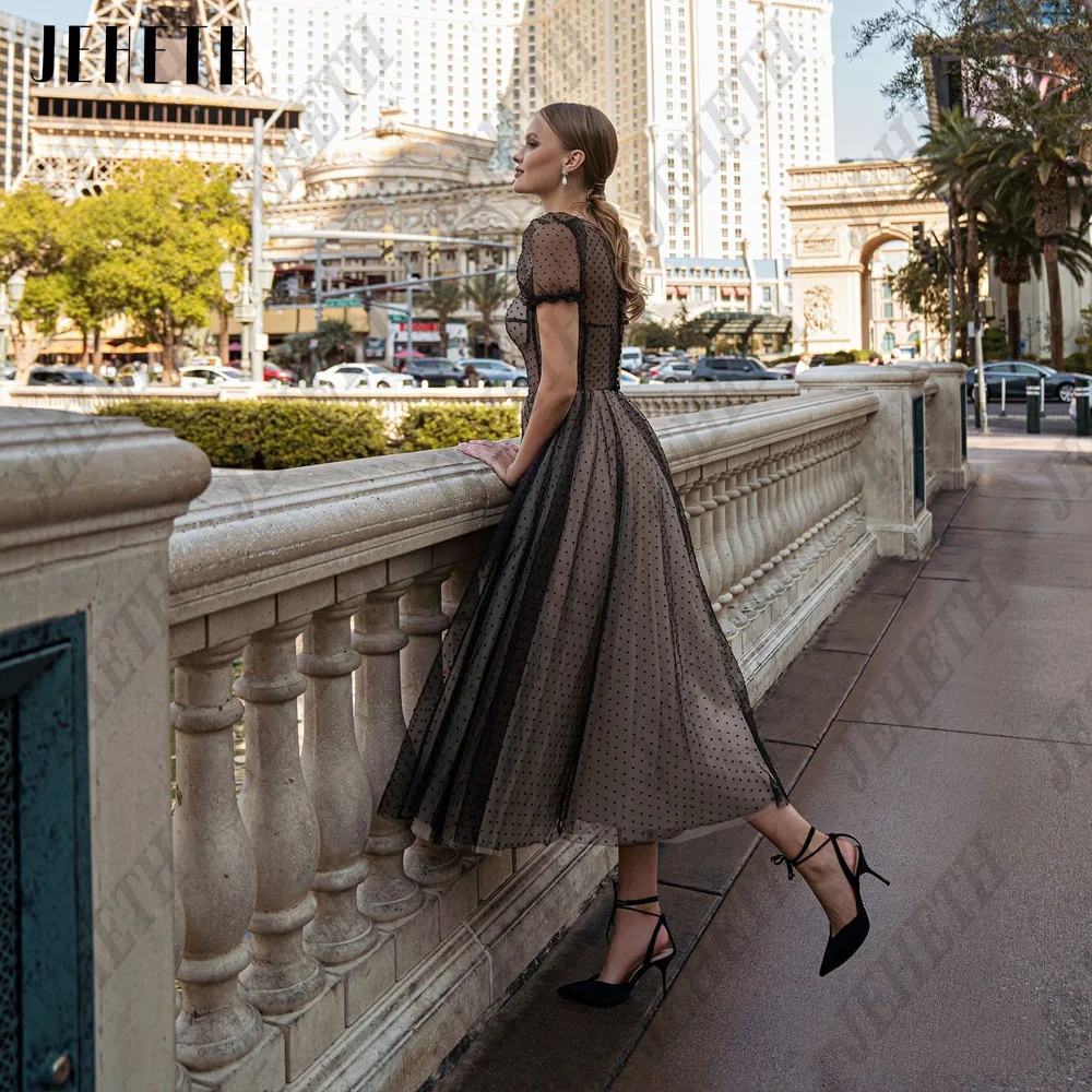 JEHETH O Neck Tulle Pastrol Prom Dress Polka Dot Mide A line Black Homecoming Party Gown Short Sleeve Prom Gowns Customized