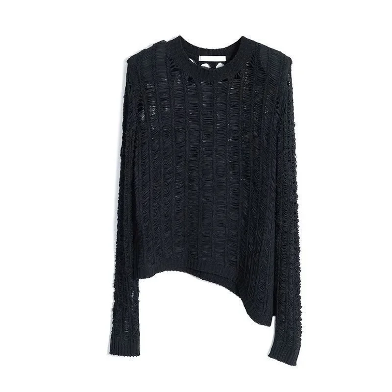 Autumn New Hollow Knitted Sweater for Women Irregular Split Wool Pullover Fashion Design Thread Jumper Runway