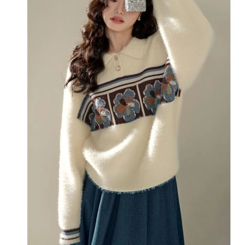 

Soft Glutinous Sweater Knitted Sweater Women's Autumn and Winter New Style Temperament Striped Jacquard Versatile Top
