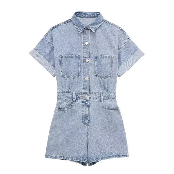 Tangada 2024 Summer Women Blue Denim Playsuit Short Sleeve Female Casual Playsuit 3H0388