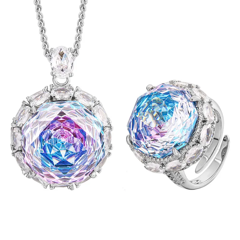 Rose Cut Stunning Pendant Necklace Finger Rings 16-18mm 5A Grade 3 Color Stone 55cm Neck Chain Ring Fashion Jewelry Accessories