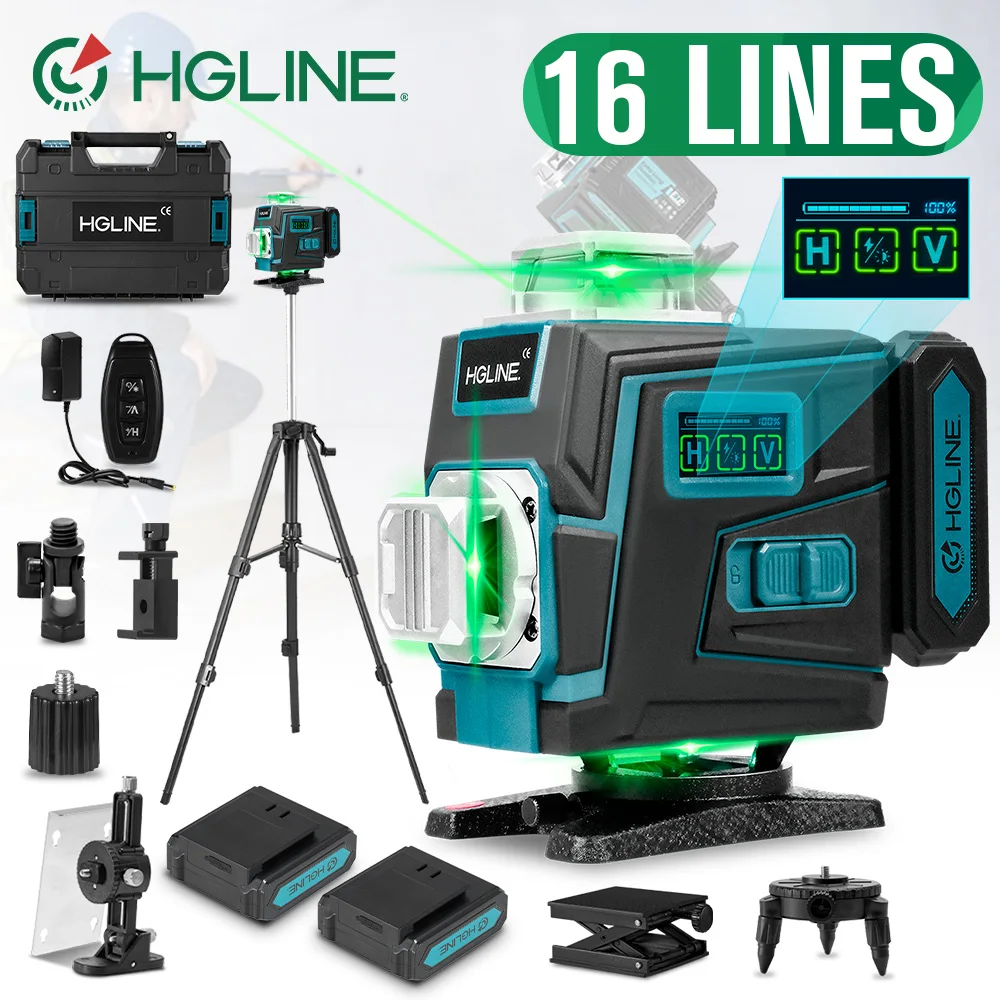 HGLINE Professioneller 16-Linien 4D Grüner Laser-Nivellierer 360° °   Selbstnivellierend 515nm mit 1m Stativ & APP-Steuerung 6000mAh Akku 25m Reichweite