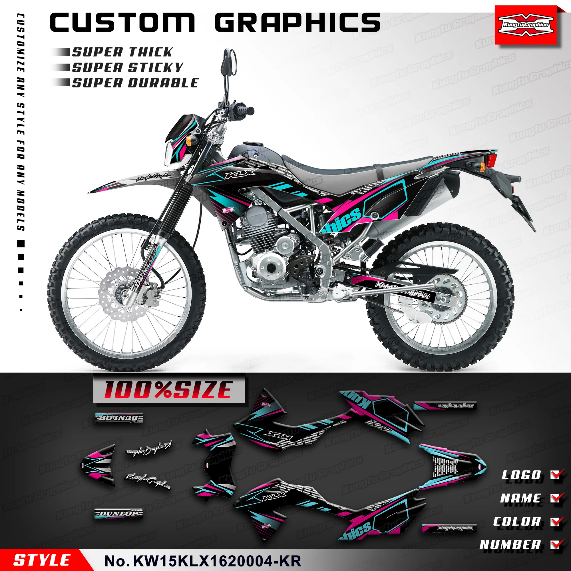 

KUNGFU GRAPHICS Motocross Stickers Vinyl Wrap Kit for Kawasaki KLX150BF KLX150 BF 2016 2017 2018 2019 2020, Black