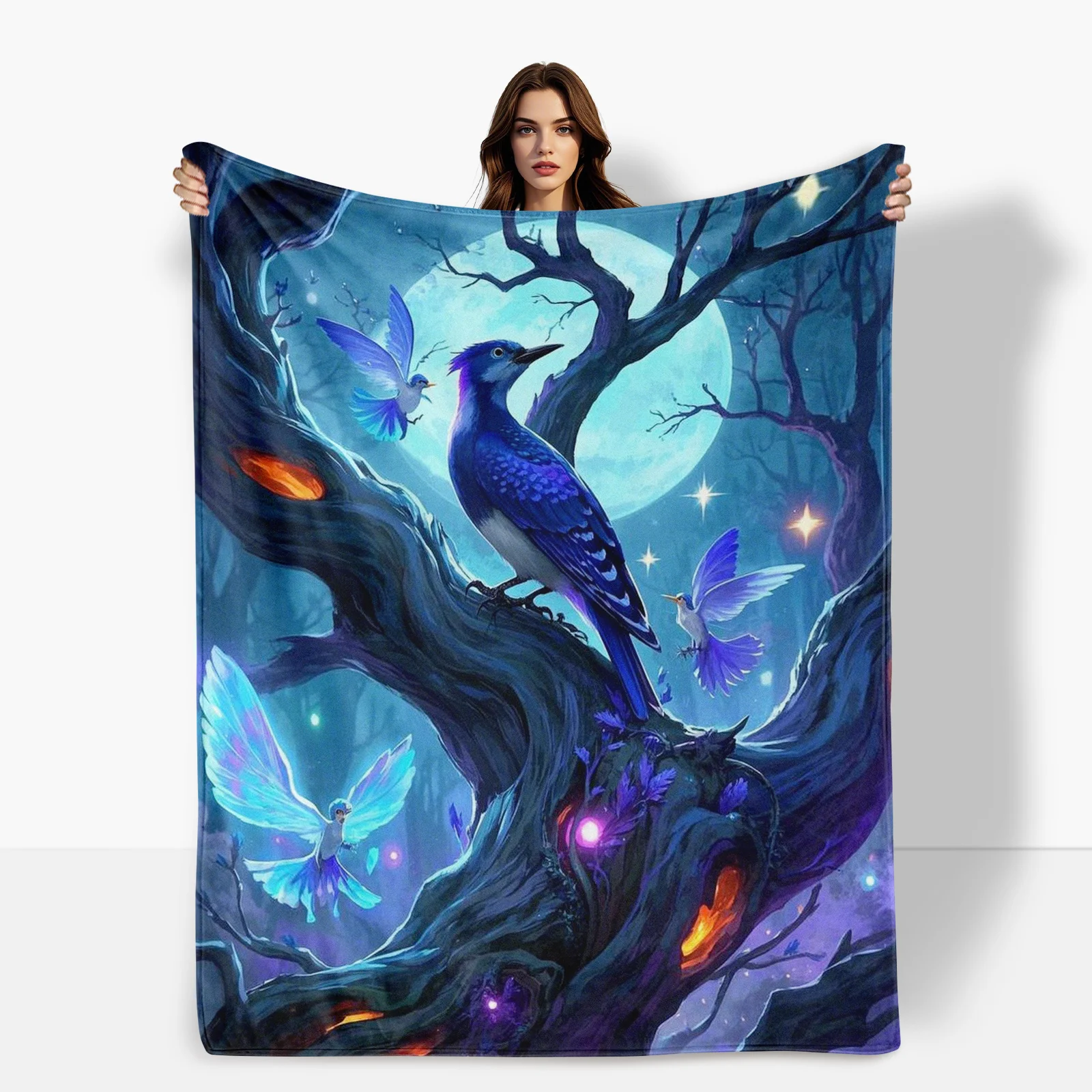 Woodpecker Moonlit Tree Purple Fairy Themed Warm Cozy Blanket For Whimsical Bedroom Decor And Evening Relaxation