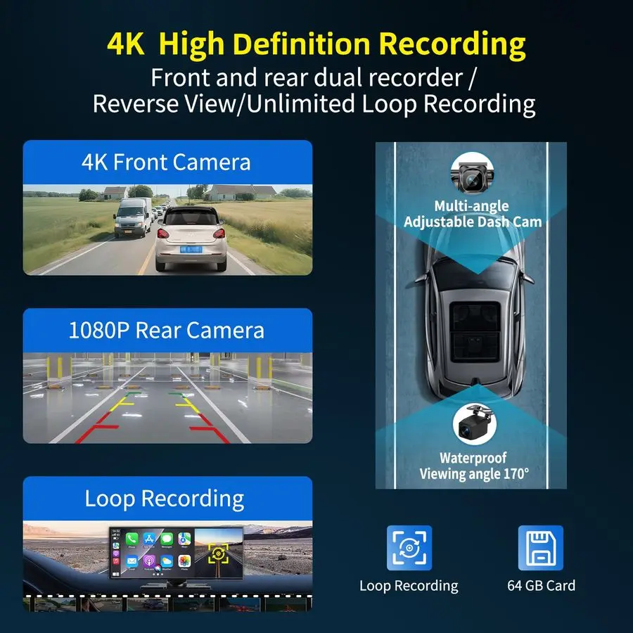 شاشة CarPlay اللاسلكية 11.5 بوصة للسيارة، شاشة Apple CarPlay amp Android Auto HD تعمل باللمس مع كاميرا احتياطية بدقة 4K Dash Cam 1080P Na #4