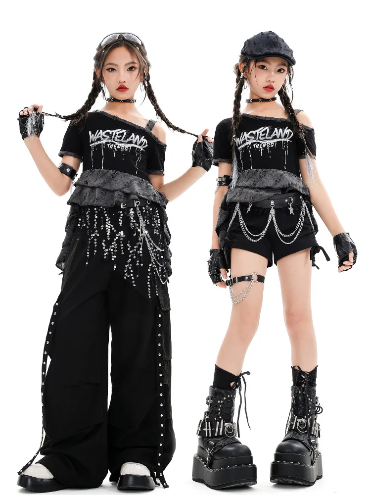 Girls Street Dance Clothes Slope-shoulder Top Baggy Pant Fashion Short Cheerleading Dance Performance Costume Group Hip Hop Suit