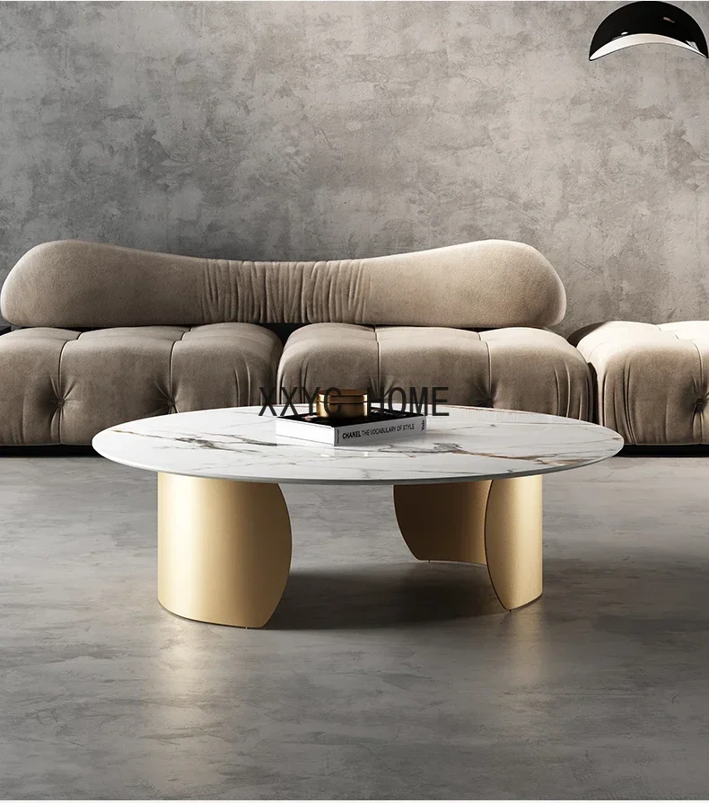 

Italian Light Luxury Stone Plate Coffee Table Modern Fashion Living Room Home Champagne Stainless Steel round Tea Table