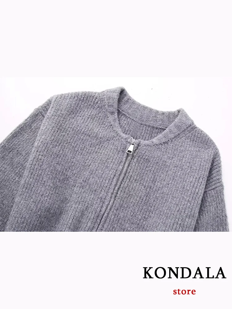 KONDALA Vintage Casual Solid maglione Bomber Jacket Zipper o-collo manica lunga cappotti lavorati a maglia moda 2023 autunno inverno Outwears