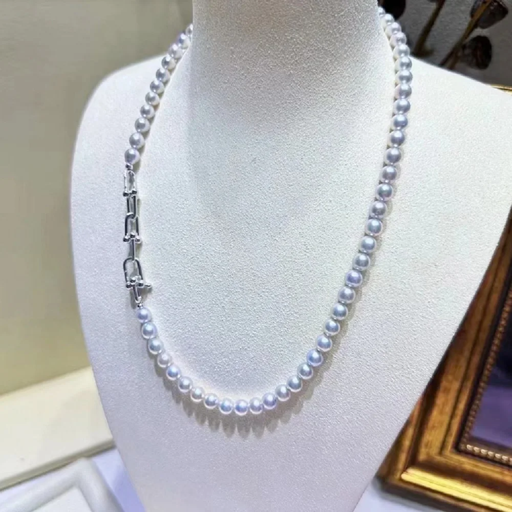 

925s button long chain necklace AAAA8-9mm natural South Sea gray pearl necklace 18 inch