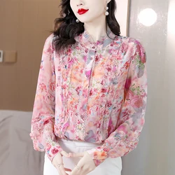 2023 Spring/Summer New Pink Silk Long Sleeve Shirt Women's Temperament Bubble Sleeve Flower Print Cardigan Shirt French Slim Top