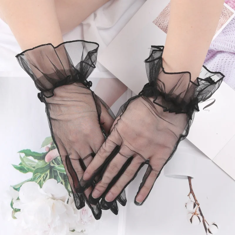 New Sexy Transparent Lace Black White Gloves Solid Color Fashion Women Drive Short Tulle Gloves Mesh Stretchy Wedding Mittens