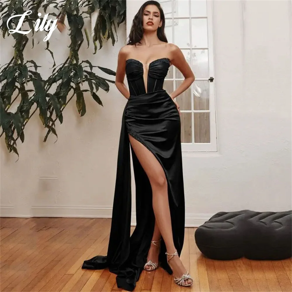 Lily Black Mermaid Sexy Special Occasion Dresses Stain Formal Gown Long Evening Dresses with Split Pleat vestidos de fiesta