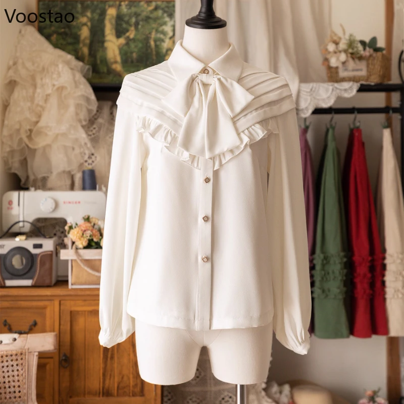 Victorian Vintage Lolita Style Shirt Women Classical Elegant Bow Ruffles Long Sleeve Cute Blouse Female Casual Sweet Tops Blusas