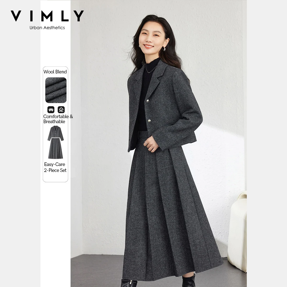 

VIMLY Autumn Suit Skirt Sets Women 2025 New Elegant Commute Two Set Commute Solid Short Jacket Midi A-line Pleated Skirt M9128