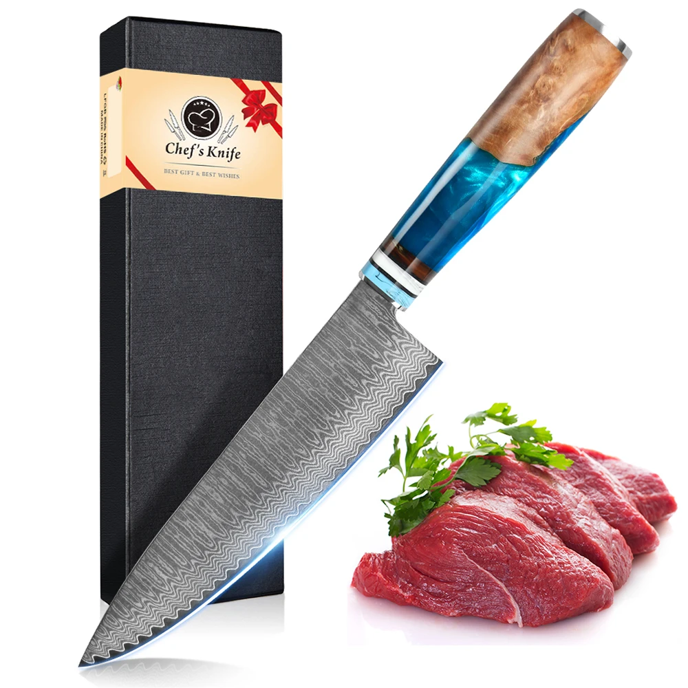 Kochmesser, 67-Lagen Damaszener Stahl Blauer Griff Multifunktionales VG-10 Damaszener Küchenmesser Mit Schwarzer Geschenkbox