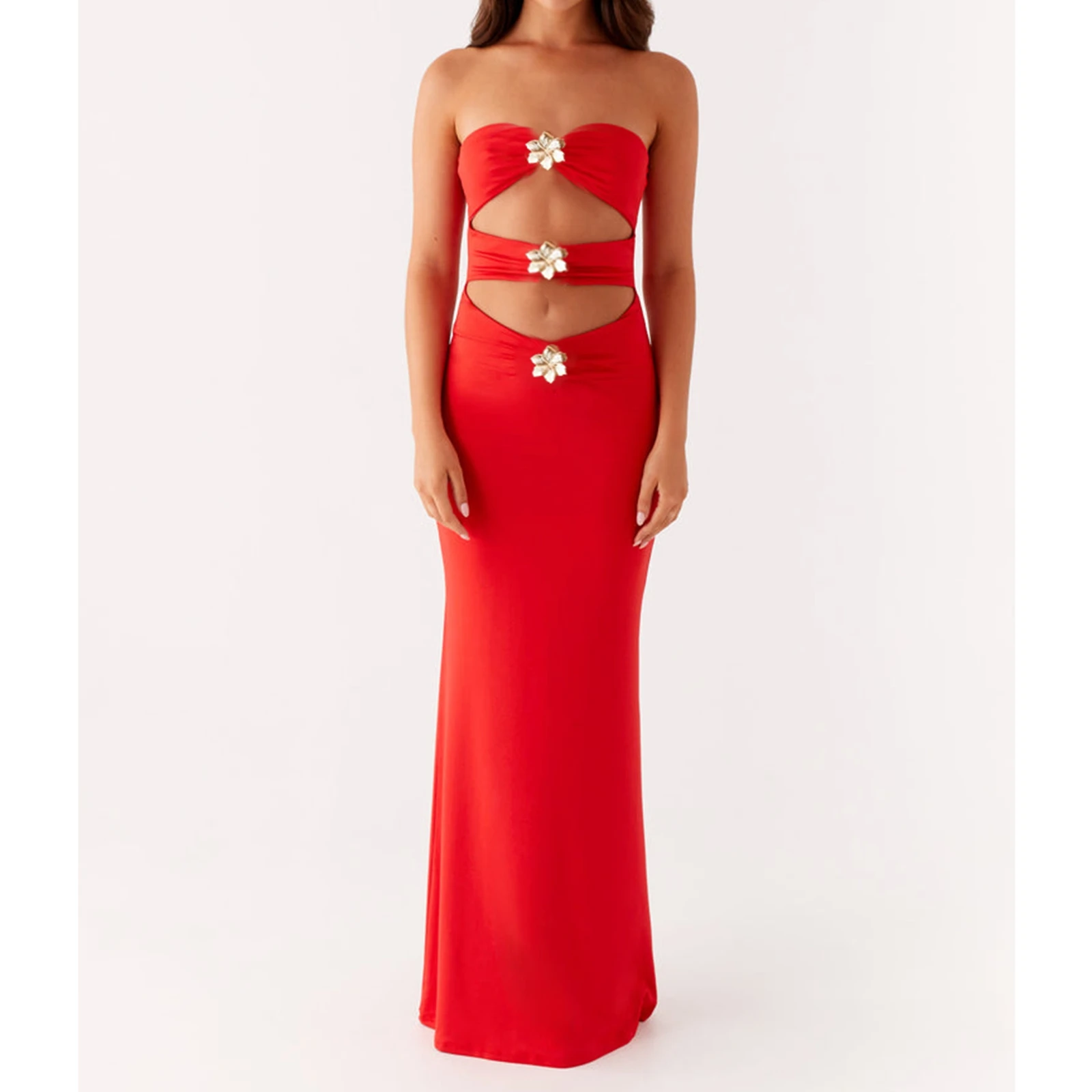 ผู้หญิงที่ไม่มีสายหนังดอกไม้Appliquesแขนกุดชุดเซ็กซี่Beachwearฤดูร้อนHollow Elegant A-Line Slip CamiยาวSundress