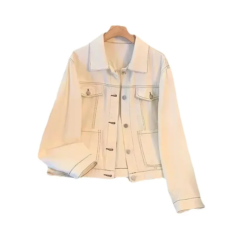Chaqueta vaquera corta de color beige, estilo coreano, para mujer, ideal para primavera y otoño, de corte holgado, con múltiples bolsillos, cuello con solapa y mangas largas, perfecta para un look casual y urbano.